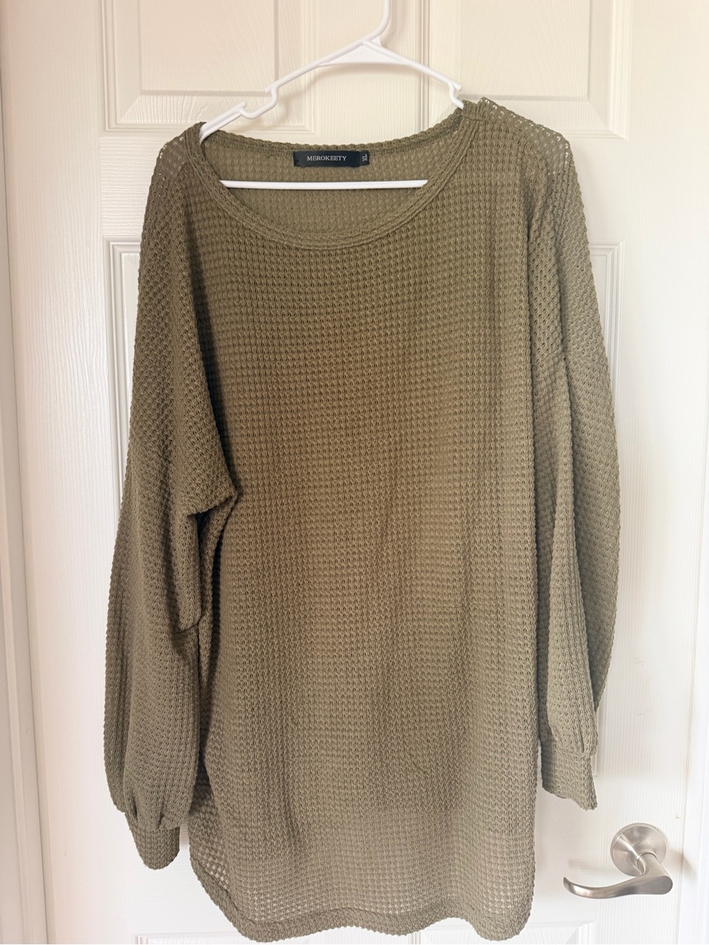 MEROKEETY Olive Waffle Knit Long Sleeve Top